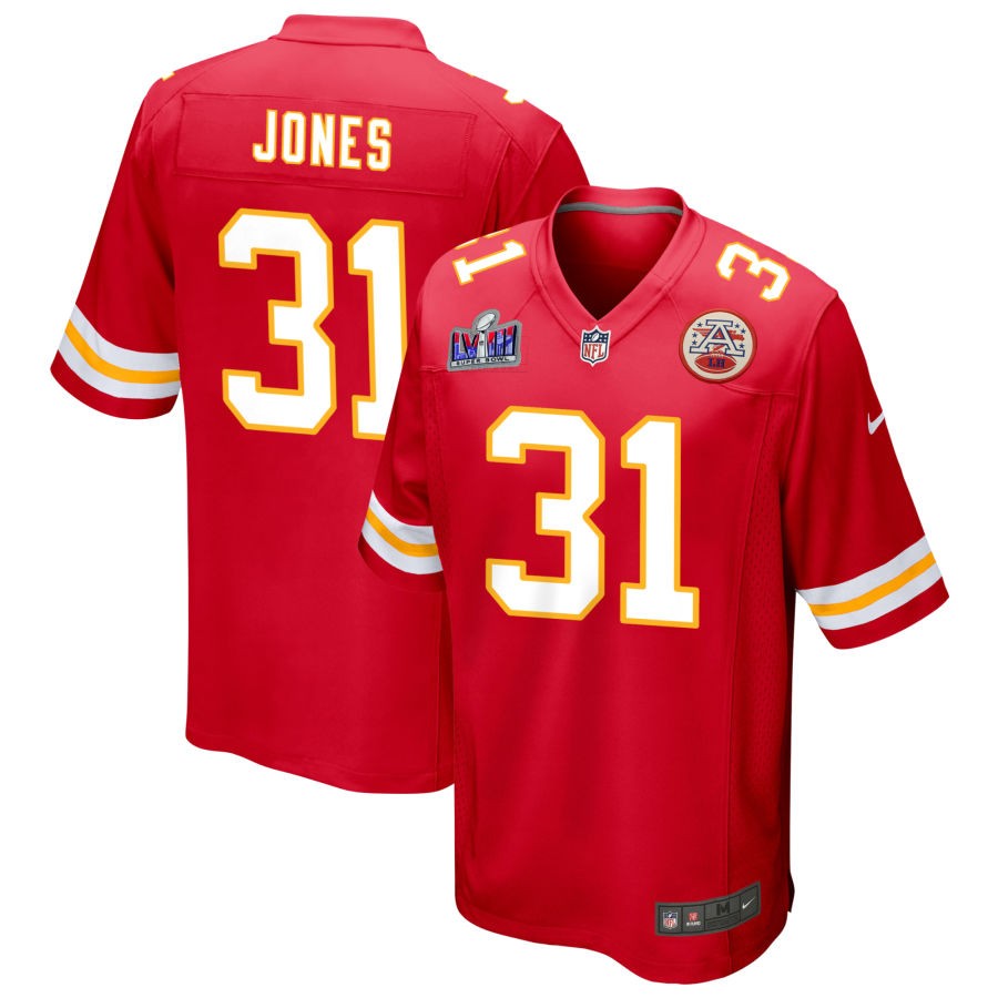 Men's Kansas City Chiefs #31 Nic Jones Nike Red Super Bowl LVIII Patch Game Football Stitched Jersey