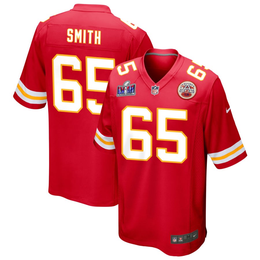 Men's Kansas City Chiefs #65 Trey Smith Nike Red Super Bowl LVIII Patch Game Football Stitched Jersey