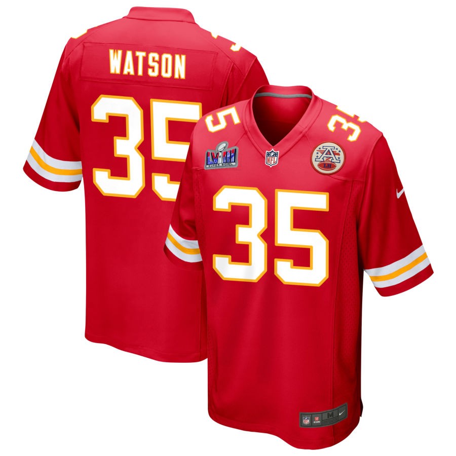 Men's Kansas City Chiefs #35 Jaylen Watson Nike Red Super Bowl LVIII Patch Game Football Stitched Jersey