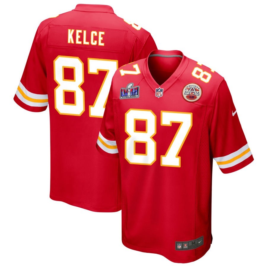 Men's Kansas City Chiefs #87 Travis Kelce Nike Red Super Bowl LVIII Patch Game Football Stitched Jersey