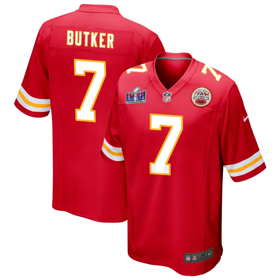 Men's Kansas City Chiefs #7 Harrison Butker Nike Red Super Bowl LVIII Patch Game Football Stitched Jersey