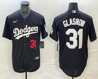 Men's Los Angeles Dodgers #31 Tyler Glasnow Number Black Turn Back The Clock Stitched Cool Base Jersey