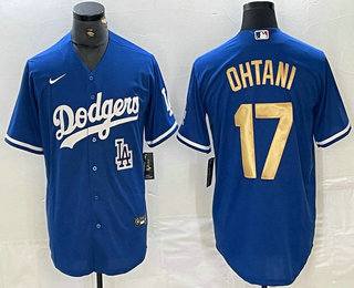 Men's Los Angeles Dodgers #17 Shohei Ohtani Blue Gold Stitched Cool Base Nike Jerseys