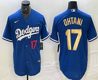 Men's Los Angeles Dodgers #17 Shohei Ohtani Number Blue Gold Stitched Cool Base Nike Jerseys