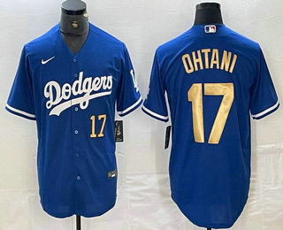 Men's Los Angeles Dodgers #17 Shohei Ohtani Number Blue Gold Stitched Cool Base Nike Jersey