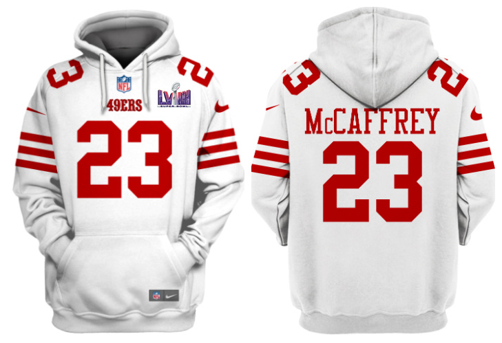 Men's San Francisco 49ers #23 Christian McCaffrey White Super Bowl LVIII Alternate Pullover Hoodie