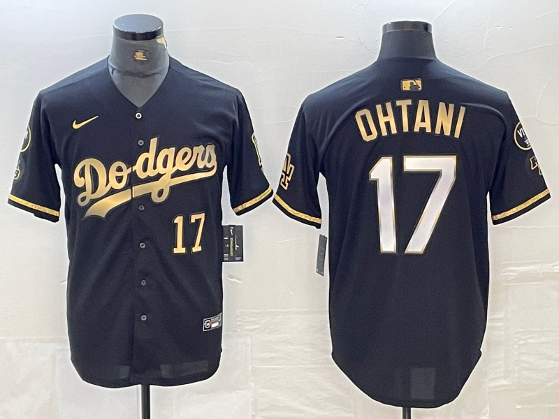 Men's Los Angeles Dodgers #17 Shohei Ohtani Number Black Gold Stitched Cool Base Nike Jersey