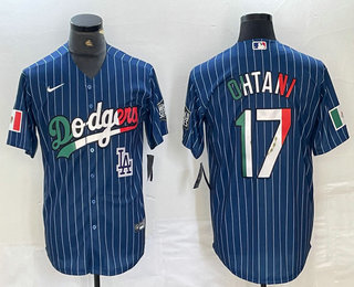 Men's Los Angeles Dodgers #17 Shohei Ohtani Mexico Blue Pinstripe Cool Base Stitched Jersey