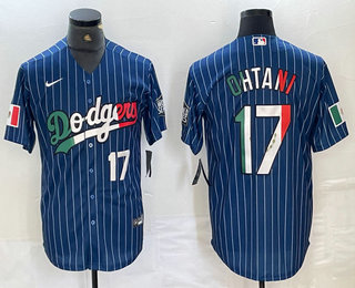 Men's Los Angeles Dodgers #17 Shohei Ohtani Number Mexico Blue Pinstripe Cool Base Stitched Jerseys