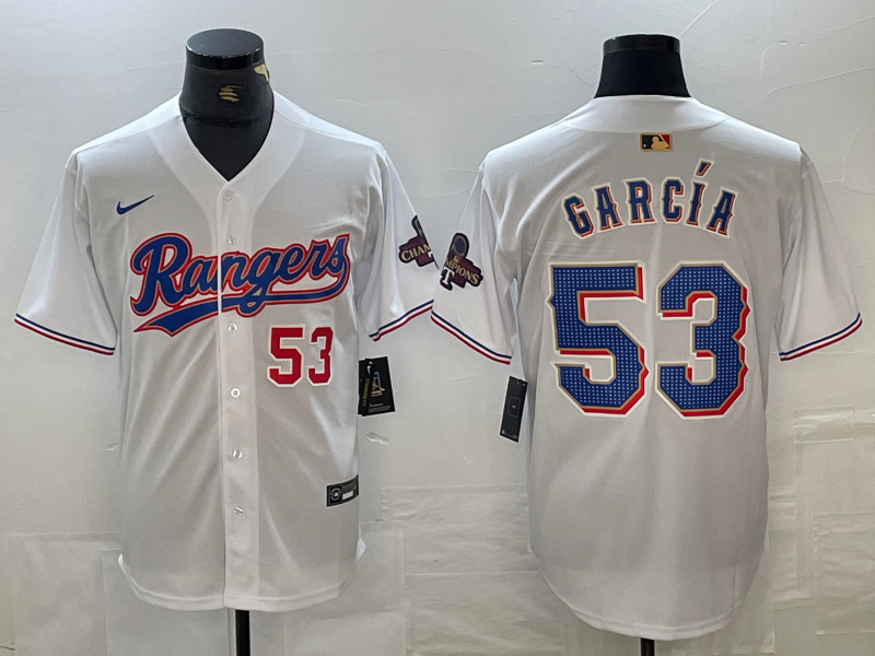 Men's Texas Rangers #53 Adolis Garcia Number White 2023 World Series Champions Cool Base Jersey