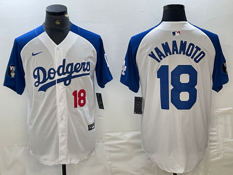 Men's Los Angeles Dodgers #18 Yoshinobu Yamamoto Number White Blue Fashion Stitched Cool Base Limited Jersey