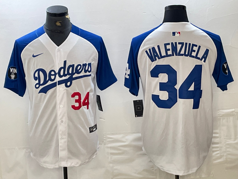 Mens Los Angeles Dodgers #34 Toro Valenzuela Number White Blue Fashion Stitched Cool Base Limited Jersey