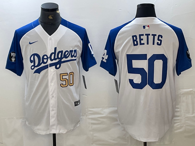 Mens Los Angeles Dodgers #50 Mookie Betts Number White Blue Fashion Stitched Cool Base Limited Jersey