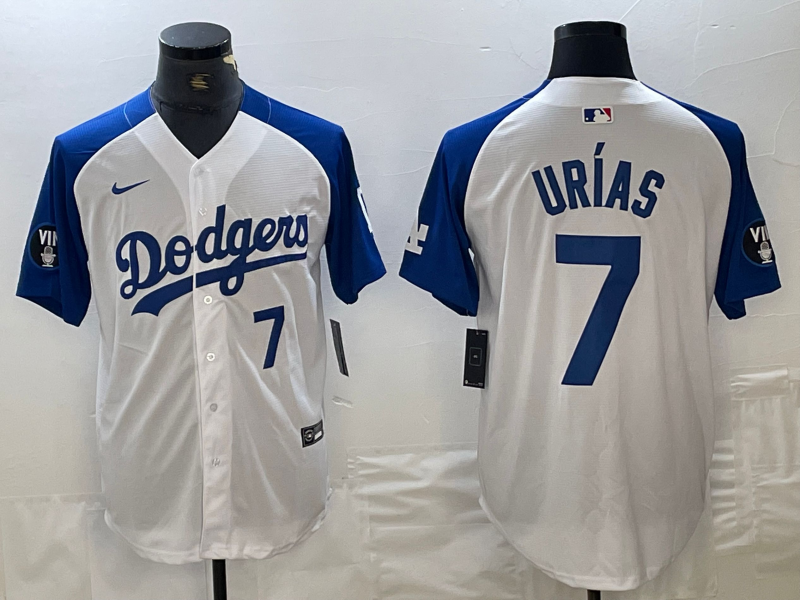 Men's Los Angeles Dodgers #7 Julio Urias Number White Blue Fashion Stitched Cool Base Limited Jerseys