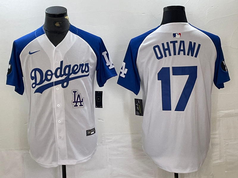 Men's Los Angeles Dodgers #17 Shohei Ohtani White Blue Fashion Stitched Cool Base Limited Jersey