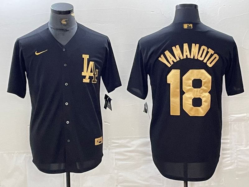 Men's Los Angeles Dodgers #18 Yoshinobu Yamamoto Black Gold Cool Base Stitched Jersey