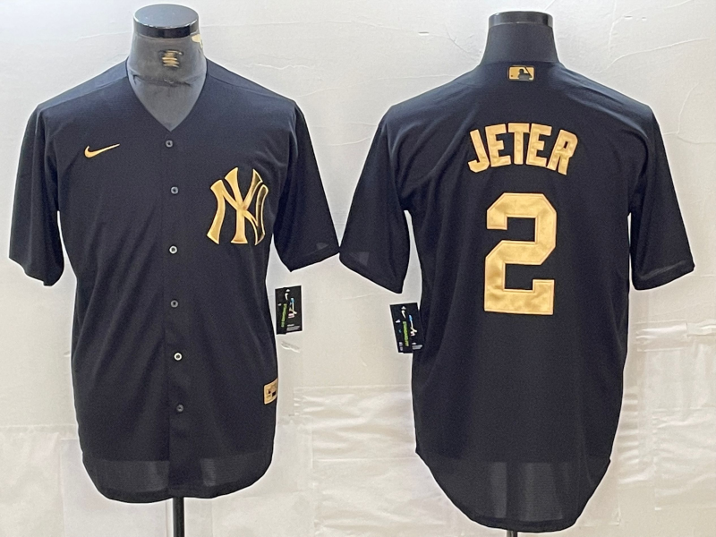 Men's New York Yankees #2 Derek Jeter Black Gold Cool Base Stitched Jersey