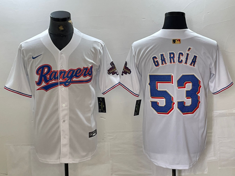 Men's Texas Rangers #53 Adolis Garcia Number White 2023 World Series Champions Cool Base Jersey