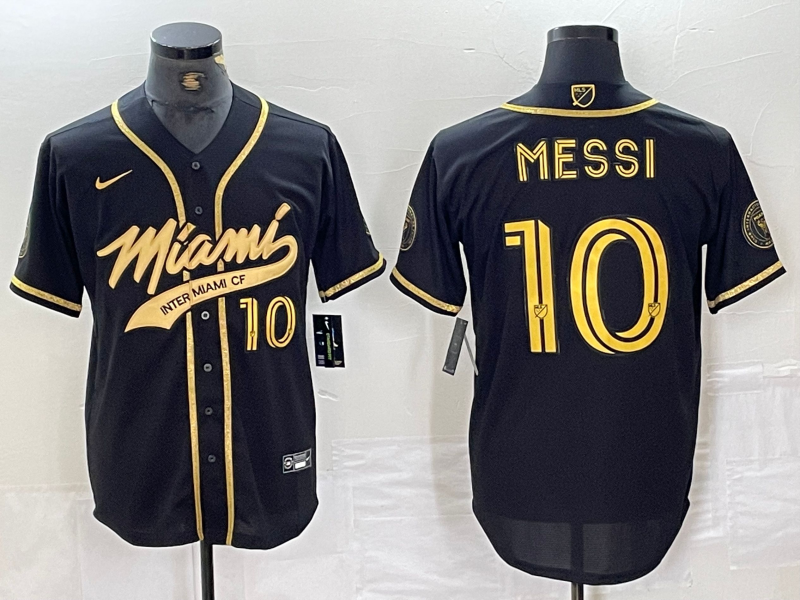 Men's Inter Miami CF #10 Lionel Messi Black Gold Cool Base Stitched Baseball Jersey