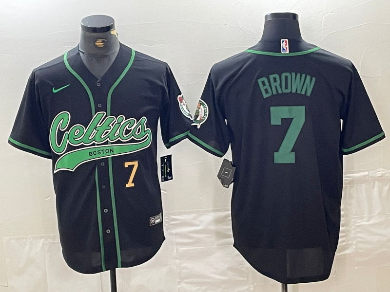 Men's Boston Celtics #7 Jaylen Brown Number Black Cool Base Stitched Baseball Jersey