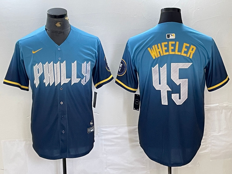 Men's Philadelphia Phillies #45 Zack Wheeler Blue 2024 City Cool Base Stitched Jersey