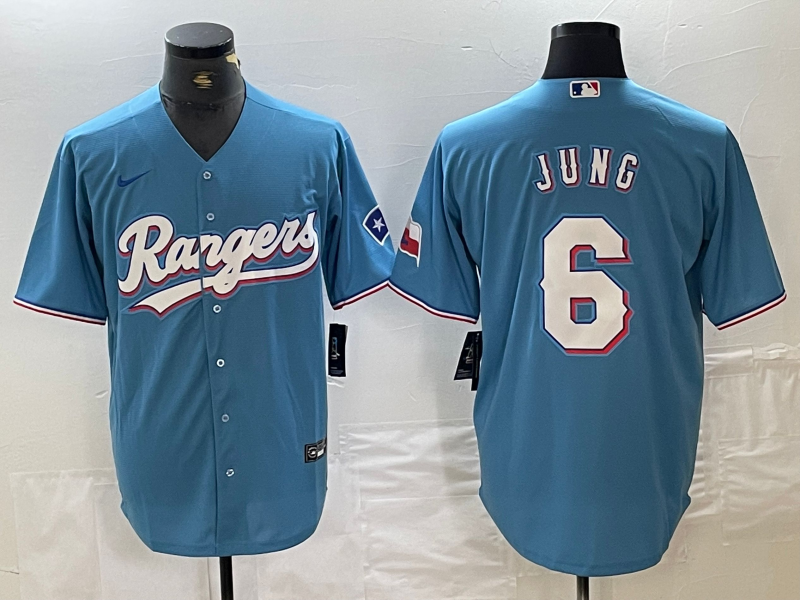 Men's Texas Rangers #6 Josh Jung Light Blue Team Logo Cool Base Jersey