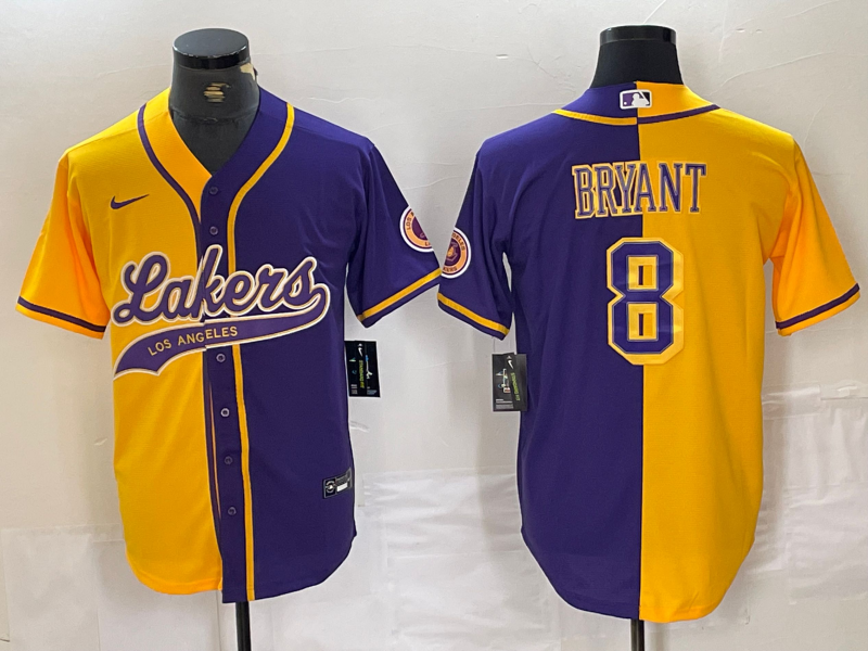 Men's Los Angeles Lakers #8 Kobe Bryant Gold Purple Split Stitched Baseball Jersey