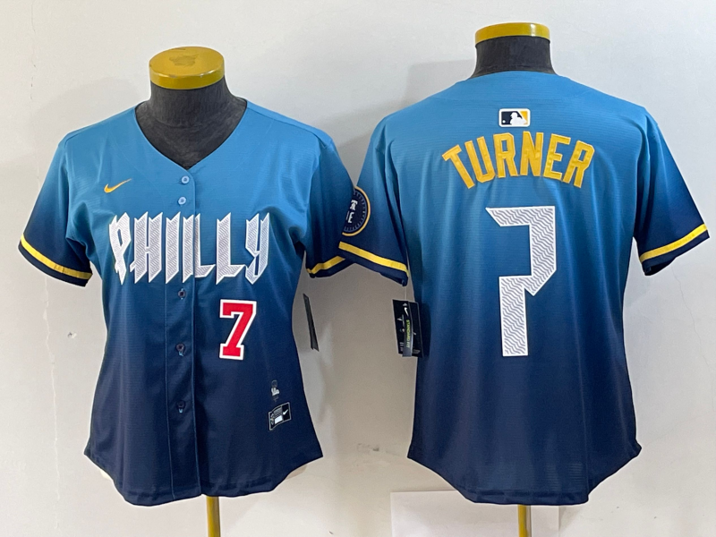 Women's Philadelphia Phillies #7 Trea Turner Number Blue 2024 City Connect Limited Stitched Jersey