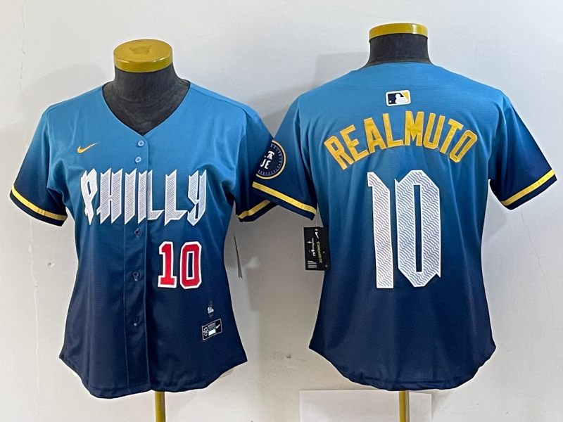 Women's Philadelphia Phillies #10 JT Realmuto Number Blue 2024 City Connect Limited Stitched Jersey