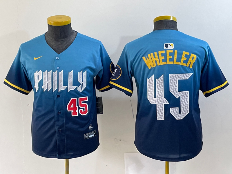 Youth Philadelphia Phillies #45 Zack Wheeler Blue 2024 City Player Number Cool Base Stitched Jerseys