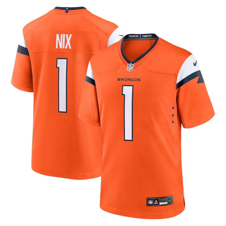 Men's Denver Broncos #1 Bo Nix Orange 2024 Game Stitched Jersey