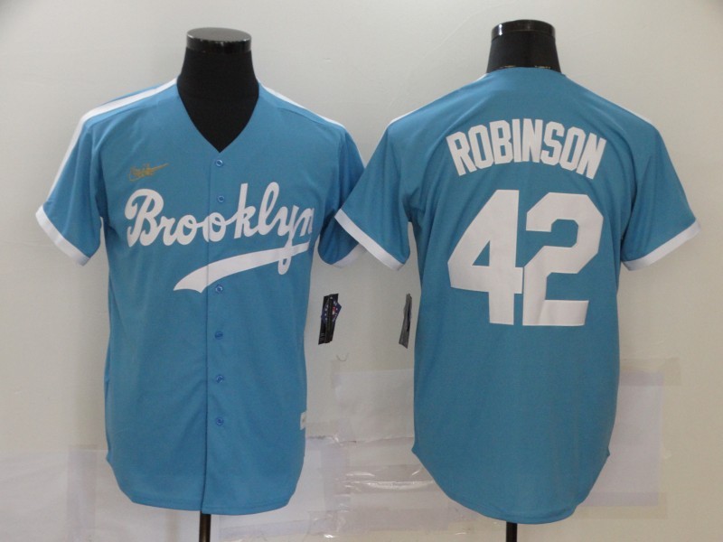 Men's Los Angeles Dodgers #42 Jackie Robinson Light Blue Throwback Cool Base Stitched Baseball Jersey