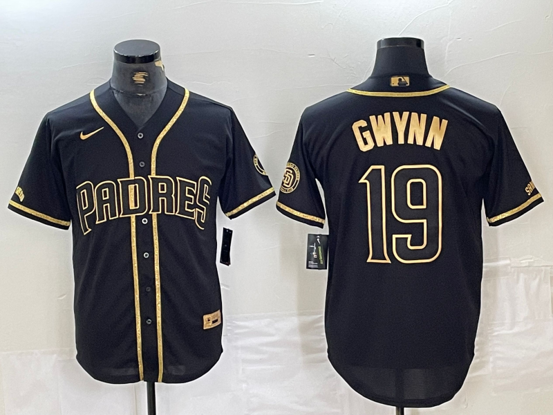 Men's San Diego Padres #19 Tony Gwynn Black Gold Cool Base Jersey