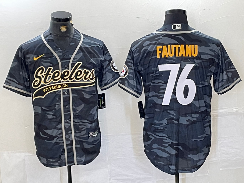 Men's Pittsburgh Steelers #76 Troy Fautanu Grey Camo With Patch Cool Base Stitched Baseball Jersey