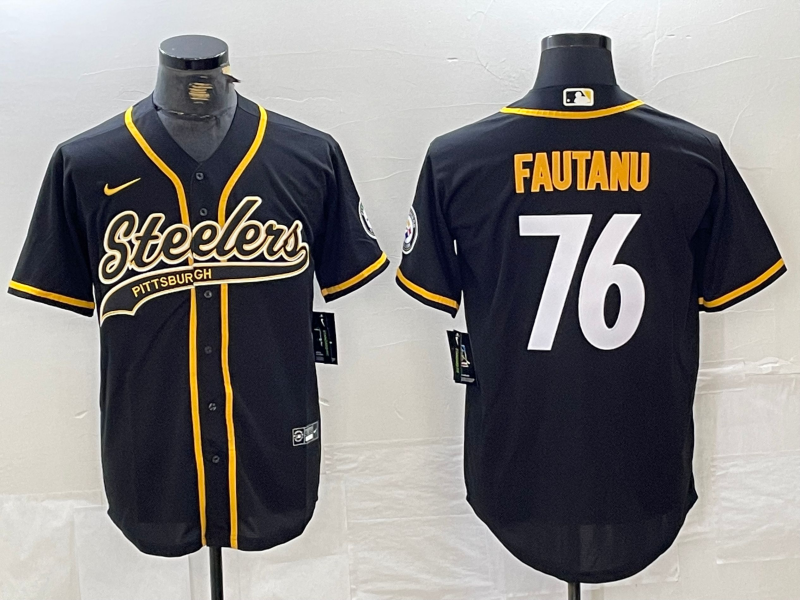 Men's Pittsburgh Steelers #76 Troy Fautanu Black With Patch Cool Base Stitched Baseball Jersey