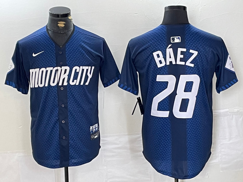 Men's Detroit Tigers #28 Javier Baez 2024 Navy City Connect Cool Base Limited Stitched Jersey