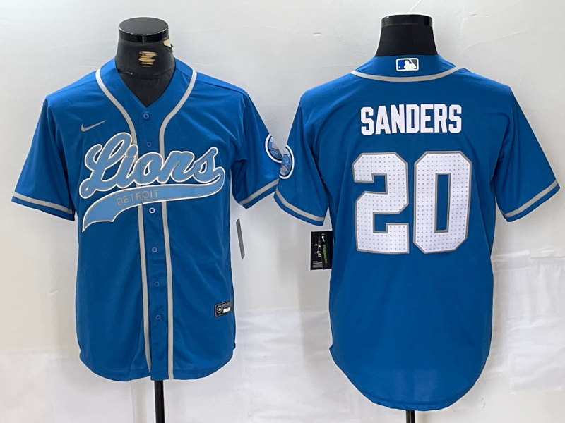 Men's Detroit Lions #20 Barry Sanders Blue With Patch Cool Base Stitched Baseball Jersey