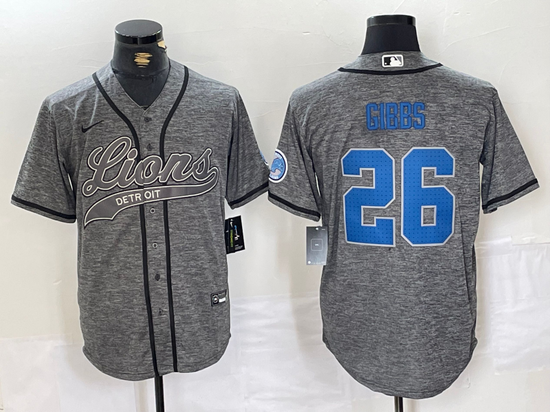 Men's Detroit Lions #26 Jahmyr Gibbs Grey Gridiron With Patch Cool Base Stitched Baseball Jersey