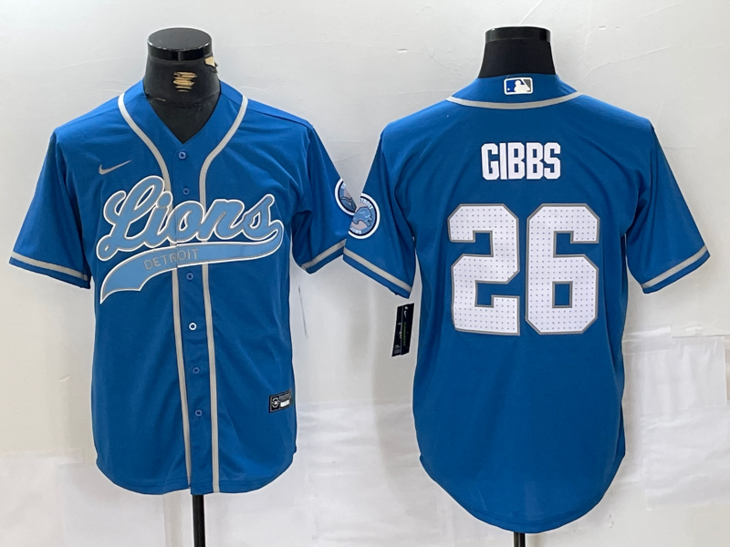 Men's Detroit Lions #26 Jahmyr Gibbs Blue With Patch Cool Base Stitched Baseball Jersey