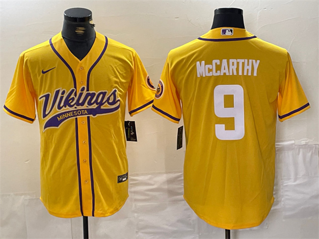 Men's Minnesota Vikings #9 J.J. McCarthy Yellow Cool Base Stitched Baseball Jersey