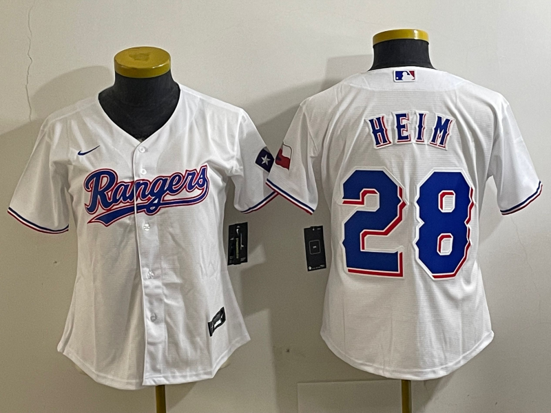 Youth Texas Rangers #28 Jonah Heim White 2023 World Series Champions Cool Base Jersey