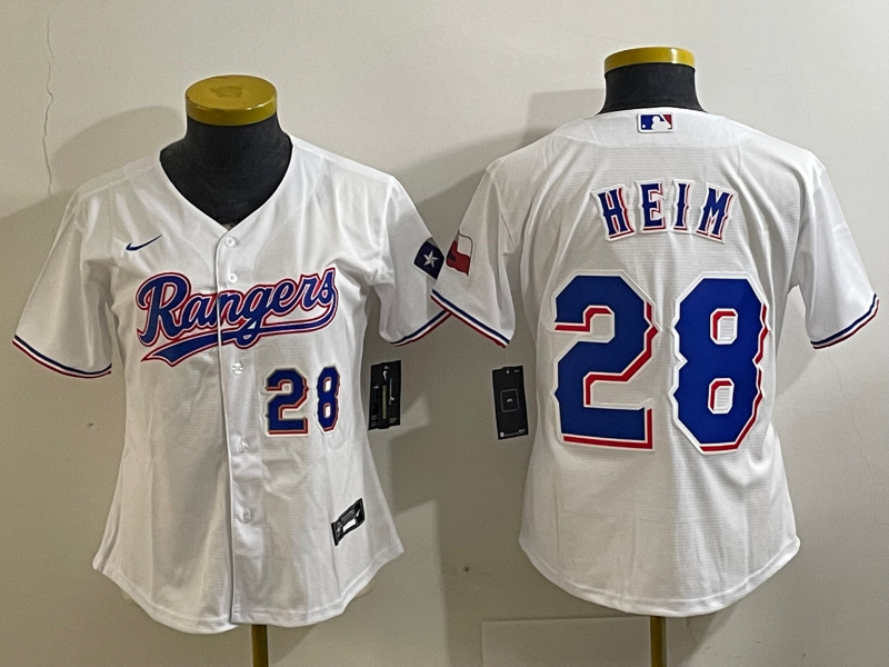 Women's Texas Rangers #28 Jonah Heim Number White 2023 World Series Champions Cool Base Jersey