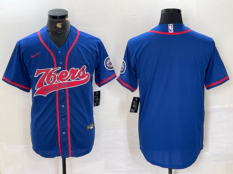 Men's Philadelphia 76ers Blue Black With Patch Cool Base Stitched Baseball Jersey