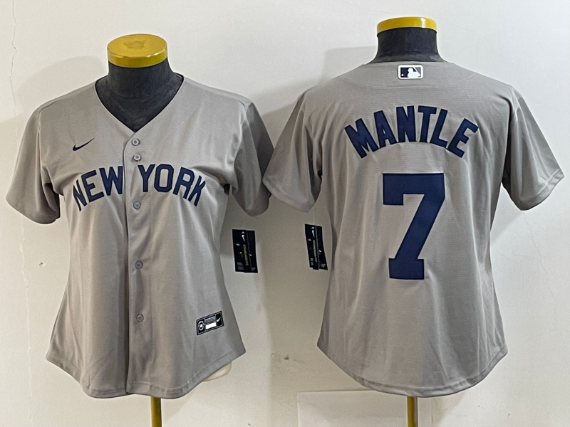 Women's New York Yankees #7 Mickey Mantle Name 2021 Grey Field of Dreams Cool Base Stitched Jersey