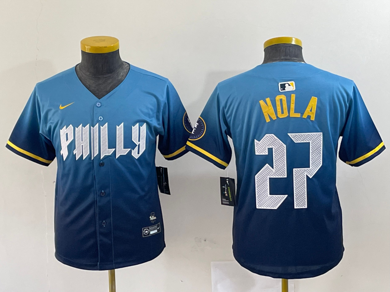 Women's Philadelphia Phillies #27 Aaron Nola Blue 2024 City Connect Limited Stitched Jersey