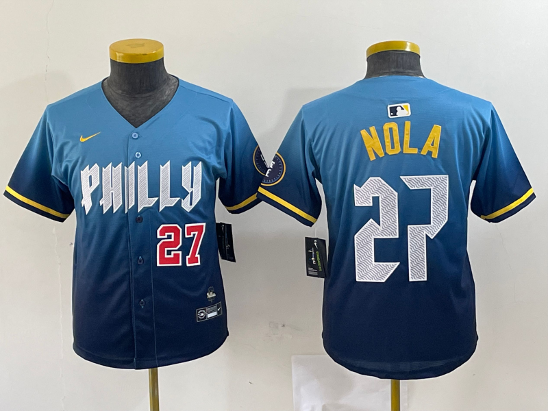 Womens Philadelphia Phillies #27 Aaron Nola Blue 2024 City Connect Limited Stitched Jersey