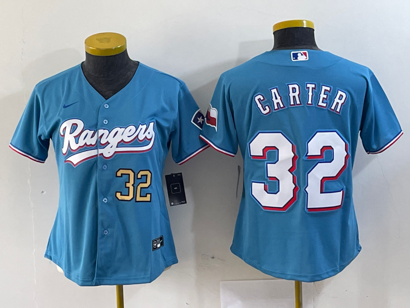 Women's Texas Rangers #32 Evan Carter Light Blue Team Logo Cool Base Jerseys