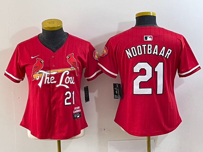 Women's St Louis Cardinals #21 Lars Nootbaar Red 2024 City Connect Limited Stitched Baseball Jersey