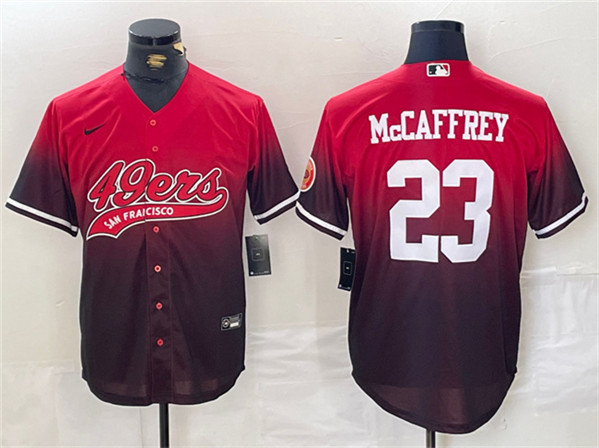 Men's San Francisco 49ers #23 Christian McCaffrey Red Black With Patch Cool Base Baseball Stitched Jersey