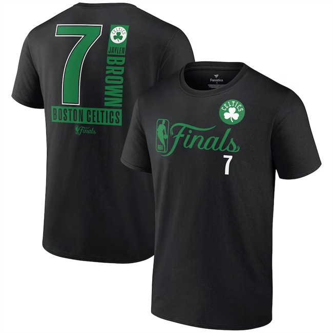 Men's Boston Celtics #7 Jaylen Brown Black 2024 Finals Inbound Pass Name & Number T-Shirt